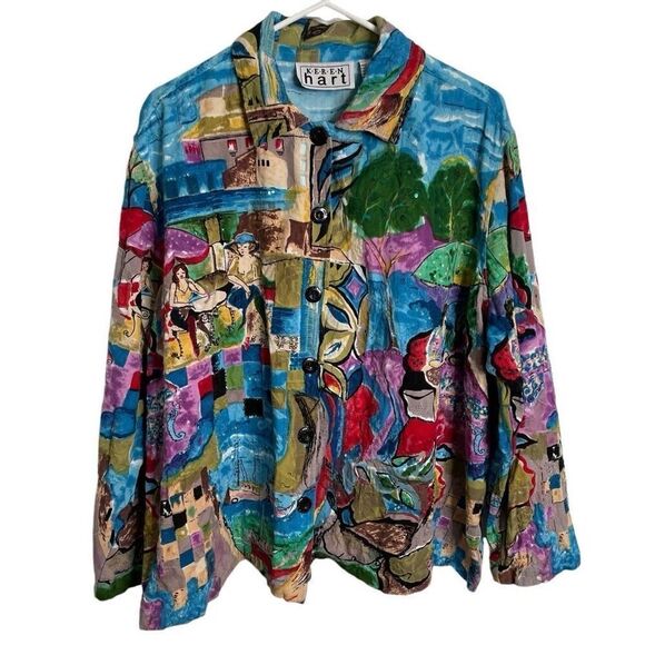 Y2K Vtg Keren Hart Womens Cotton Artsy Jacket 1X Abstract Lightweight Button Up - Picture 1 of 7